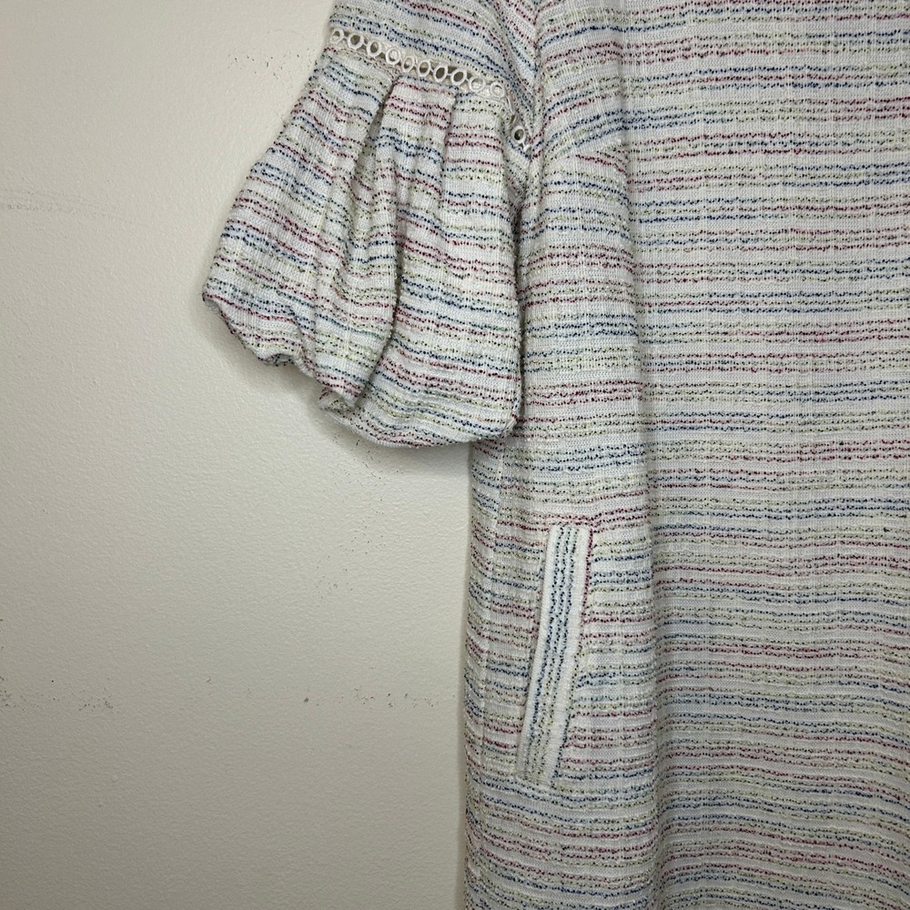 LOFT Boucle Cotton‎ Blend Textured Stripe Puff Sleeve Shift Dress Size S - Picture 3 of 8
